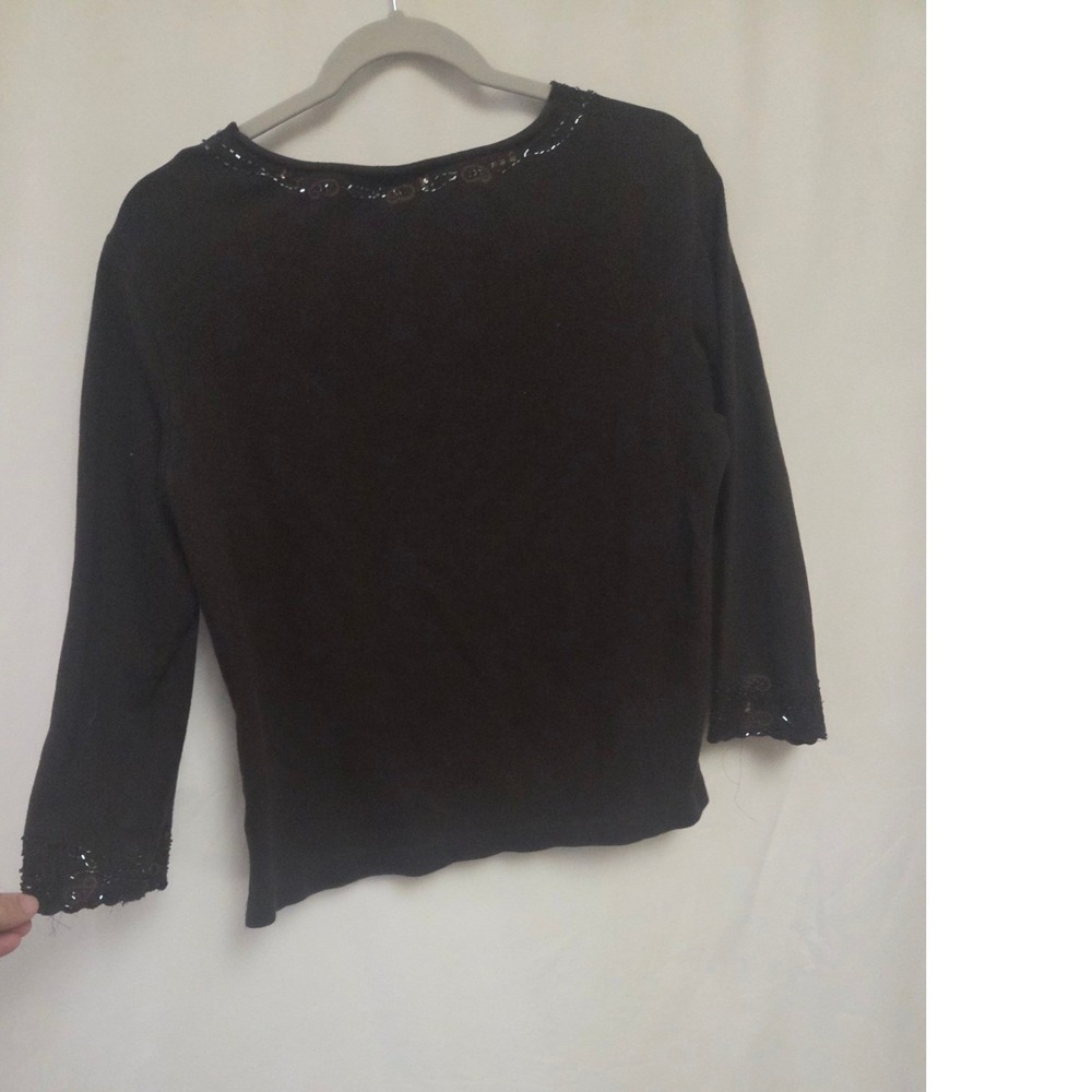 Coldwater Creek Brown Beaded V-Neck Cotton Knit Top 3/4 Sleeve‎ Womens Large - Picture 4 of 6